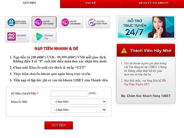 Hướng dẫn Nạp Tiền 12Bet cực nhanh, tiện lợi